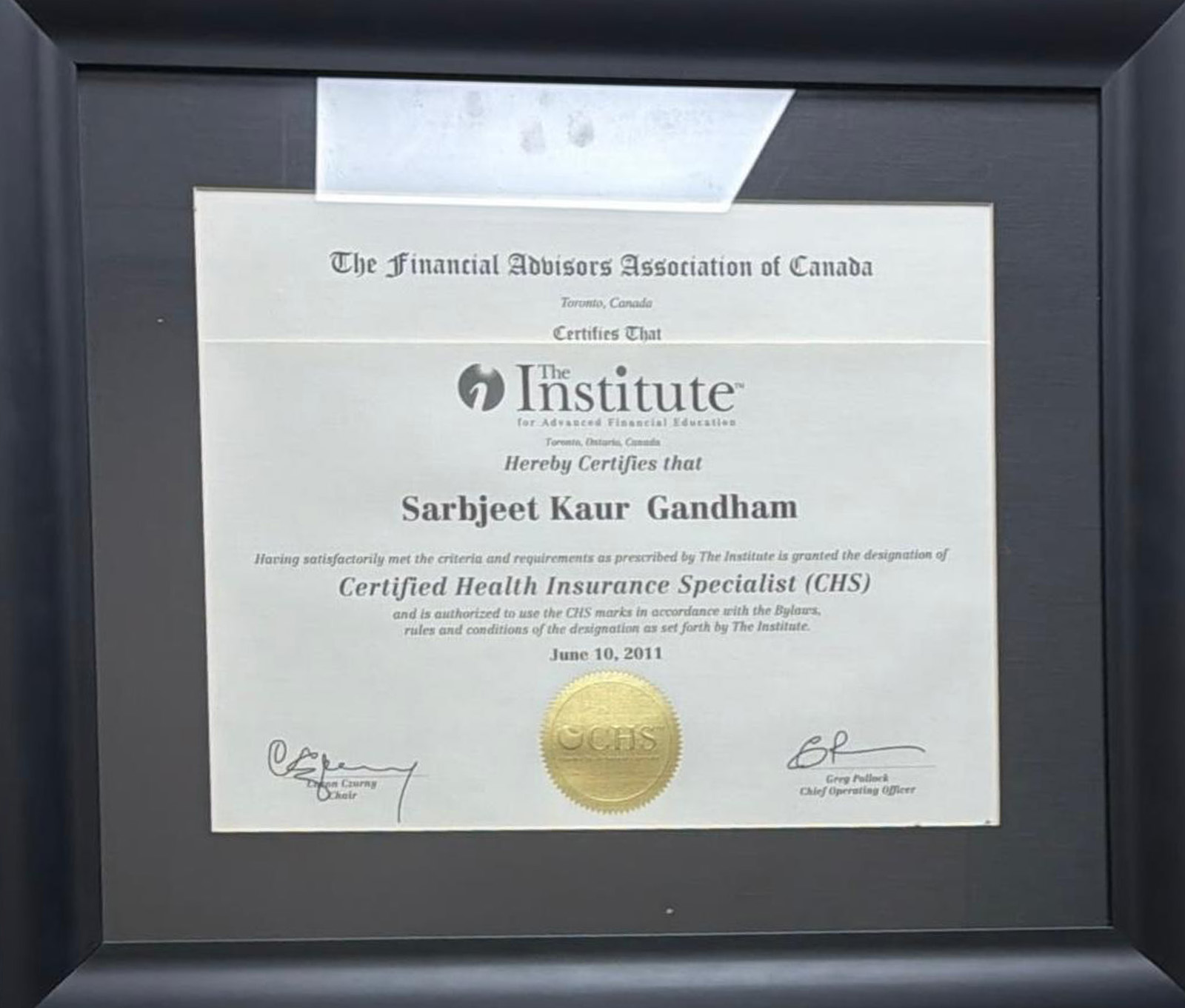 Certified Health Insurance Specialist (CHS) Certificate – Sarbjeet Kaur Gandham
