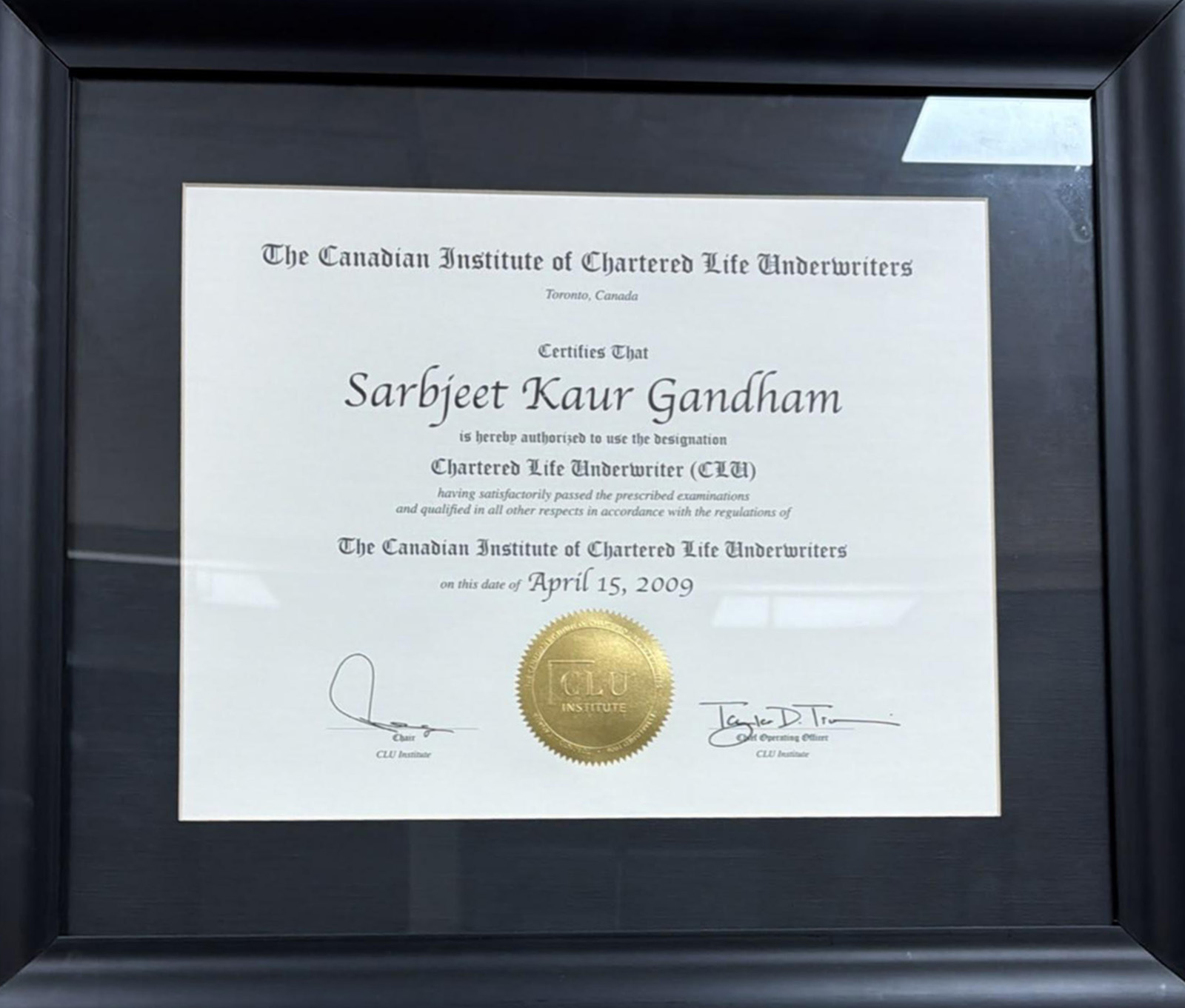 Chartered Life Underwriter (CLU) Certificate – Sarbjeet Kaur Gandham
